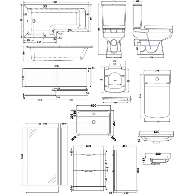 Bliss Complete Bathroom Suite with 1700mm LH L-Shaped Shower Bath and Close Coupled Toilet