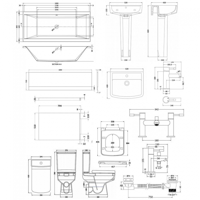 Bliss Modern Complete Bathroom Suite with Double Ended 1800mm X 800mm Bath