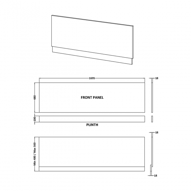 Nuie Blocks Straight Bath Front Panel and Plinth 560mm H x 1700mm W - Satin Grey
