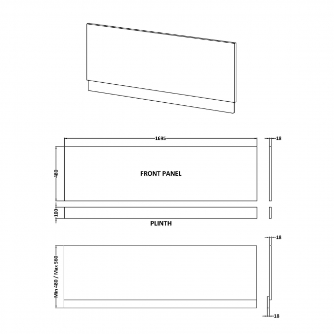 Nuie Blocks Straight Bath Front Panel and Plinth 560mm H x 1700mm W - Satin Blue