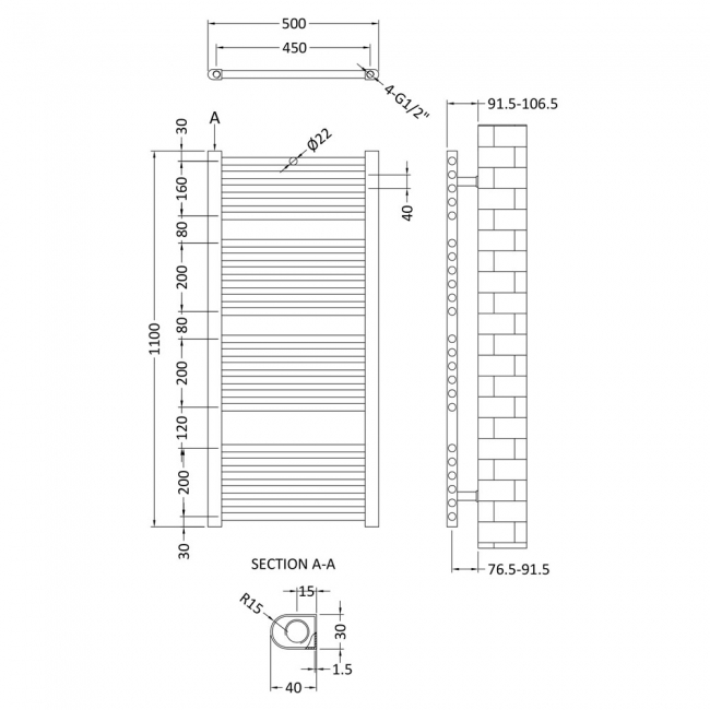 Nuie Straight Ladder Towel Rail 1100mm H x 500mm W - Chrome