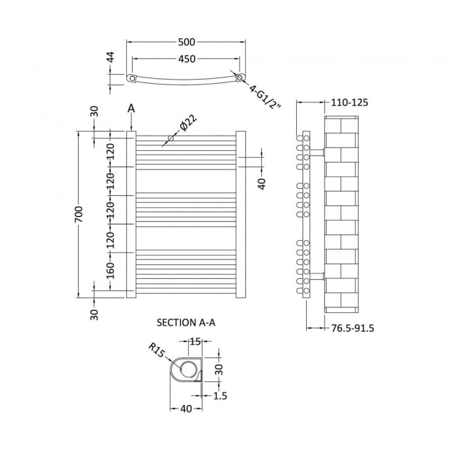 Nuie Curved Ladder Towel Rail 700mm H x 500mm W - Chrome