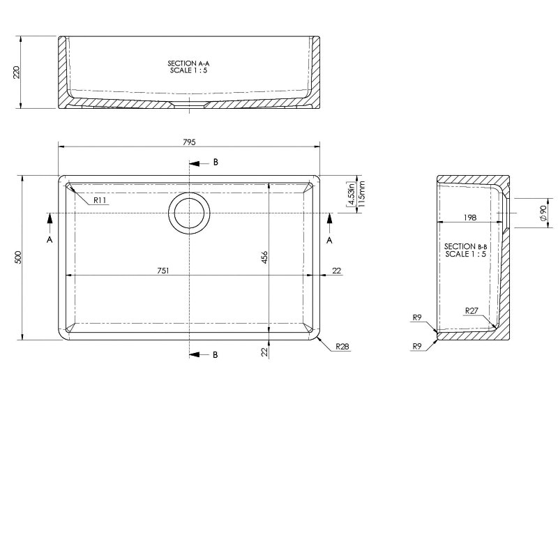 Nuie Butler Fireclay Kitchen Sink 1.0 Bowl 795mm L x 500mm W - White
