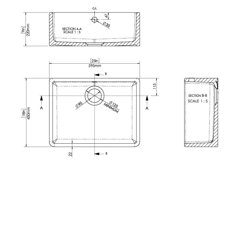 Nuie Butler Fireclay Kitchen Sink with Overflow 1.0 Bowl 595mm L x 450mm W - White