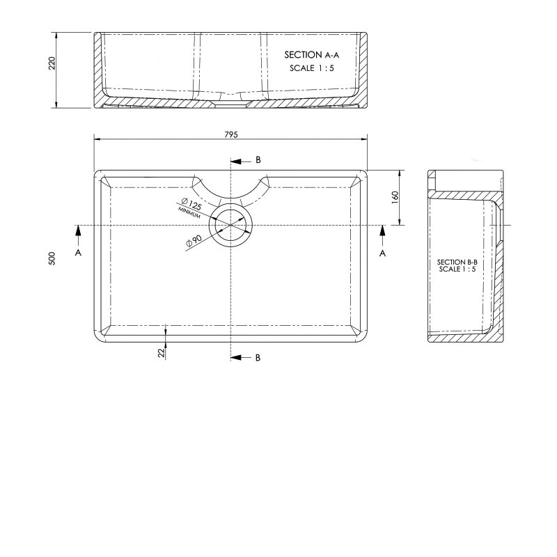 Nuie Butler Fireclay Kitchen Sink with TL 1.0 Bowl 795mm L x 500mm W - White