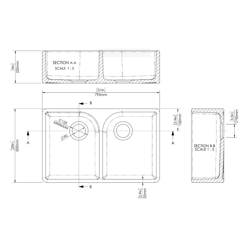 Nuie Butler Fireclay FW Kitchen Sink with Overflow 2.0 Bowl 795mm L x 500mm W - Soft Black