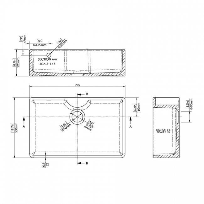 Nuie Butler Fireclay Kitchen Sink with TL and Overflow 1.0 Bowl 795mm L x 500mm W - White