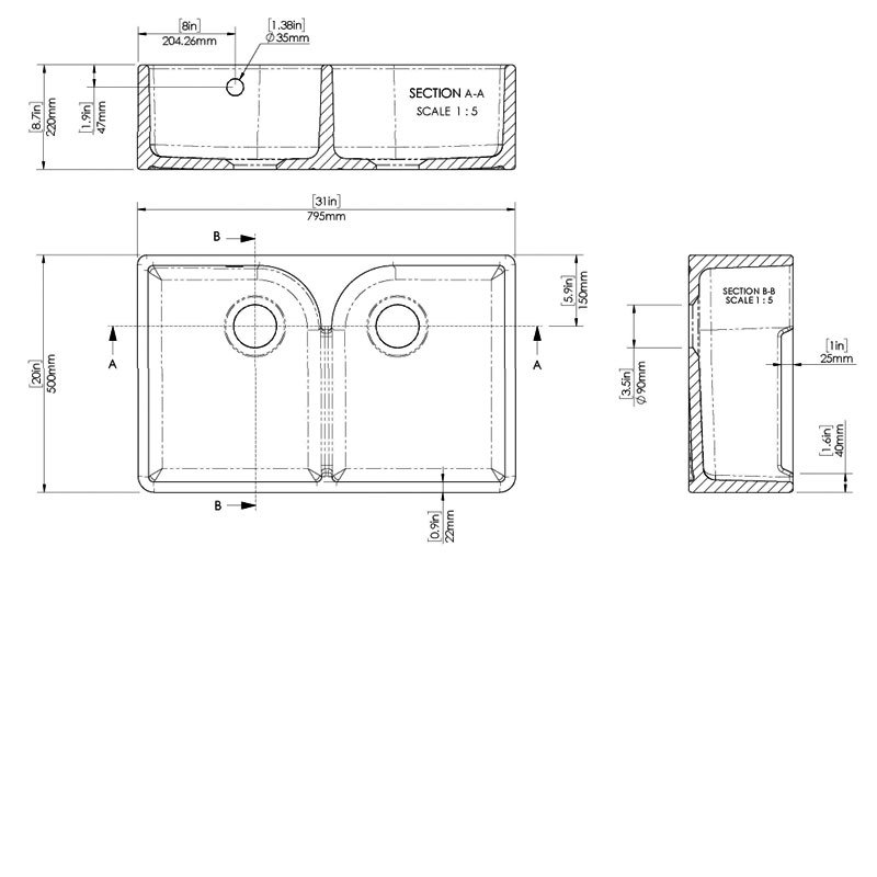 Nuie Butler Fireclay SW Kitchen Sink with Overflow 2.0 Bowl 795mm L x 500mm W - White