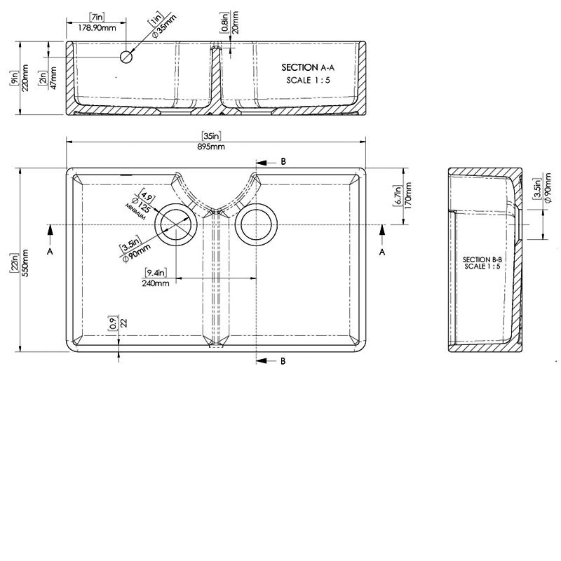 Nuie Butler Fireclay SW Kitchen Sink with Overflow 2.0 Bowl 895mm L x 550mm W - White