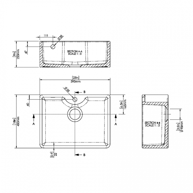 Nuie Butler Fireclay Kitchen Sink with TL and Overflow 1.0 Bowl 595mm L x 450mm W - 1 Tap Hole