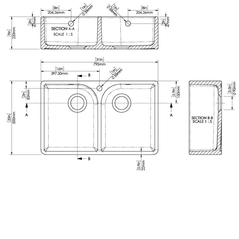 Nuie Butler Fireclay FW Kitchen Sink with Overflow 2.0 Bowl 795mm L x 500mm W - 1 Tap Hole