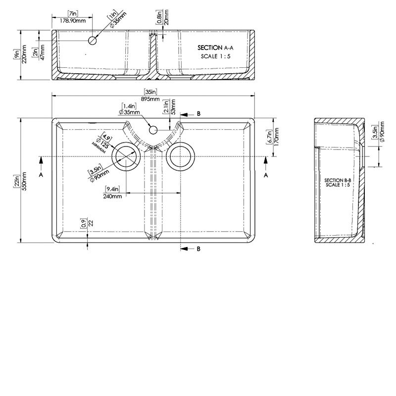 Nuie Butler Fireclay SW Kitchen Sink with Overflow 2.0 Bowl 895mm L x 550mm W - 1 Tap Hole