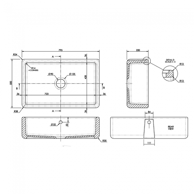 Nuie Butler Thick Edged Kitchen Sink with Overflow 1.0 Bowl 795mm L x 500mm W - White