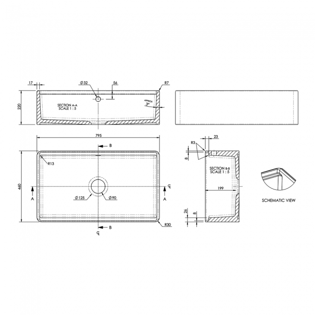Nuie Butler Kitchen Sink 1.0 Bowl with Ledge 795mm L x 460mm W - White
