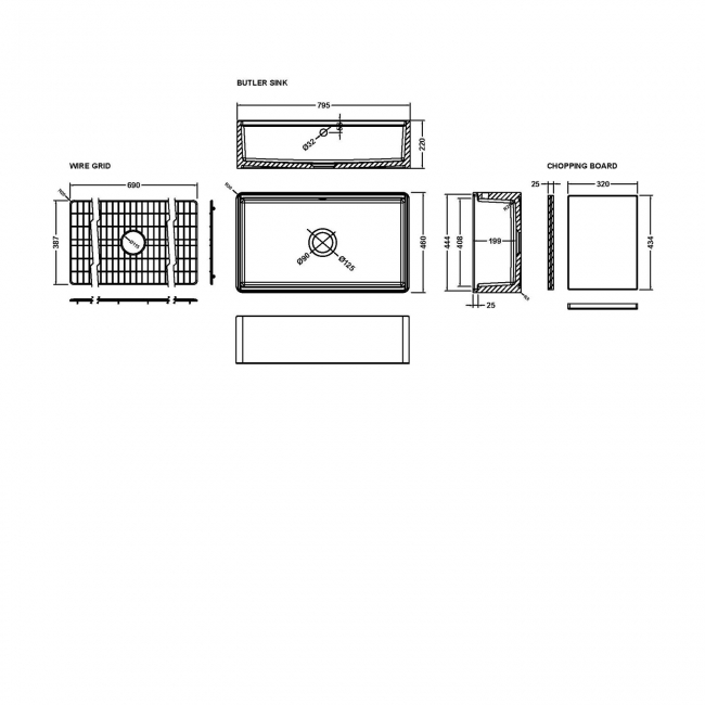 Nuie Butler Kitchen Sink 1.0 Bowl with Ledge, Chopping Board and Grid 795mm L x 460mm W - White  | Dimension Image