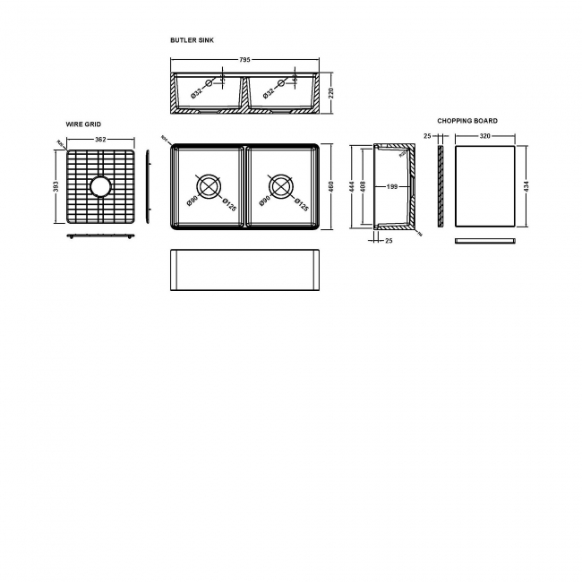 Nuie Butler Kitchen Sink 2.0 Bowl with Ledge, Chopping Board and Grid 795mm L x 460mm W - White  | Dimension Image