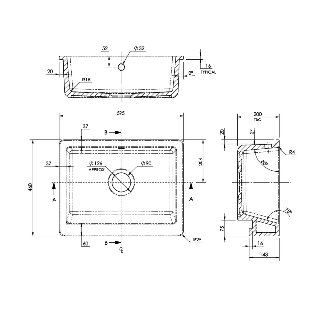 Nuie Butler Overmount Fireclay Kitchen Sink 1.0 Bowl with Overflow 595mm L x 460mm W - White  | Dimension Image