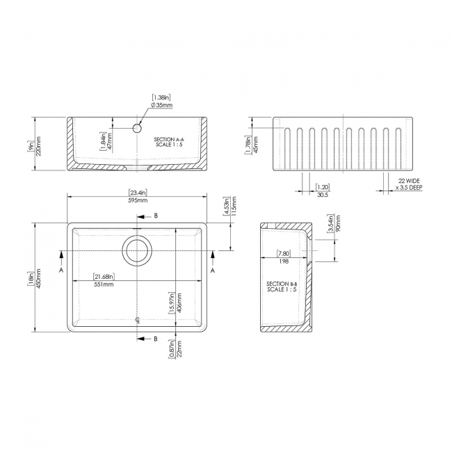Nuie Butler Fireclay Deco Kitchen Sink with Overflow 1.0 Bowl 595mm L x 450mm W - White