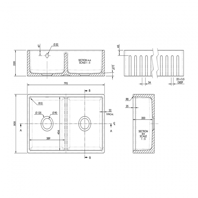 Nuie Butler Fireclay Deco SW Kitchen Sink with 1 Overflow 2.0 Bowl 795mm L x 500mm W - White