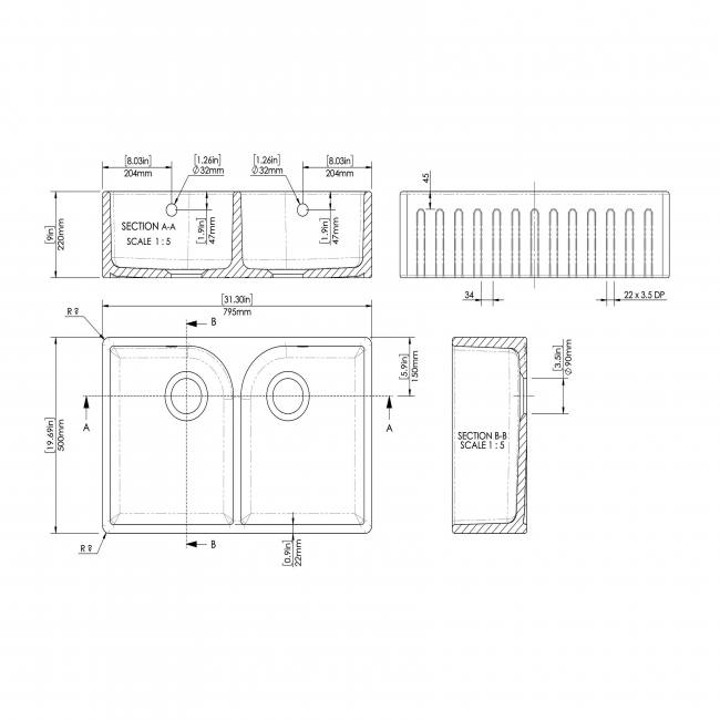 Nuie Butler Fireclay Deco FW Kitchen Sink with Overflow 2.0 Bowl 795mm L x 500mm W - White