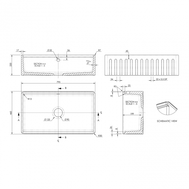 Nuie Butler Fluted Kitchen Sink 1.0 Bowl with Ledge 795mm L x 460mm W - White