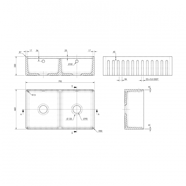Nuie Butler Fluted Kitchen Sink 2.0 Bowl with Ledge, Chopping Board and Grid 795mm L x 460mm W - White  | Dimension Image