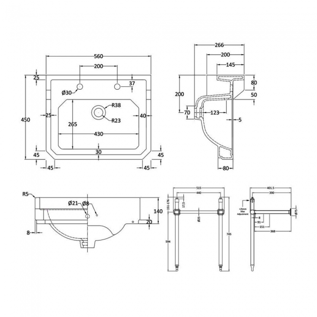 Nuie Carlton Basin with Washstand 560mm Wide - 2 Tap Hole
