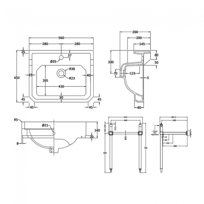 Nuie Carlton Basin with Washstand 560mm Wide - 1 Tap Hole