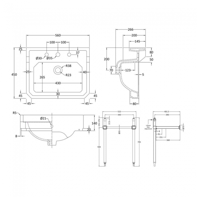 Nuie Carlton Basin with Washstand 560mm Wide - 3 Tap Hole