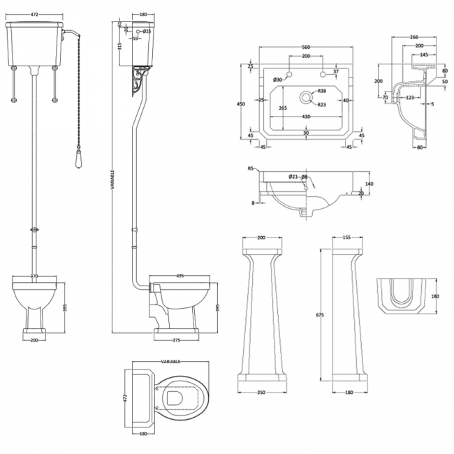 Nuie Carlton Traditional Bathroom Suite High Level Toilet 560mm Basin - 2 Tap Hole
