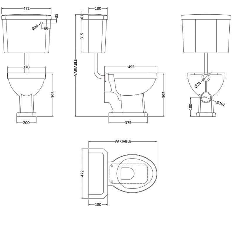Nuie Carlton Low Level Toilet with Lever Cistern and Flushpipe Excluding Seat