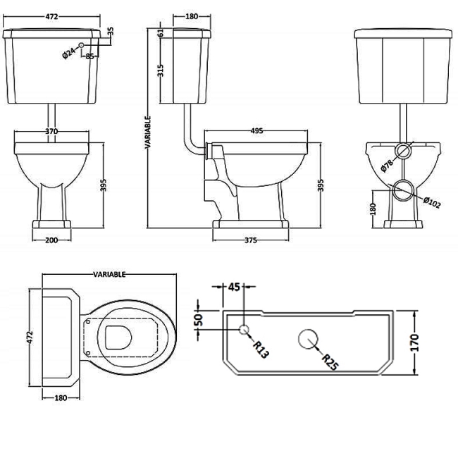 Nuie Carlton Low Level Pan with Lever Cistern and Flushpipe - Excluding Seat  | Dimension Image