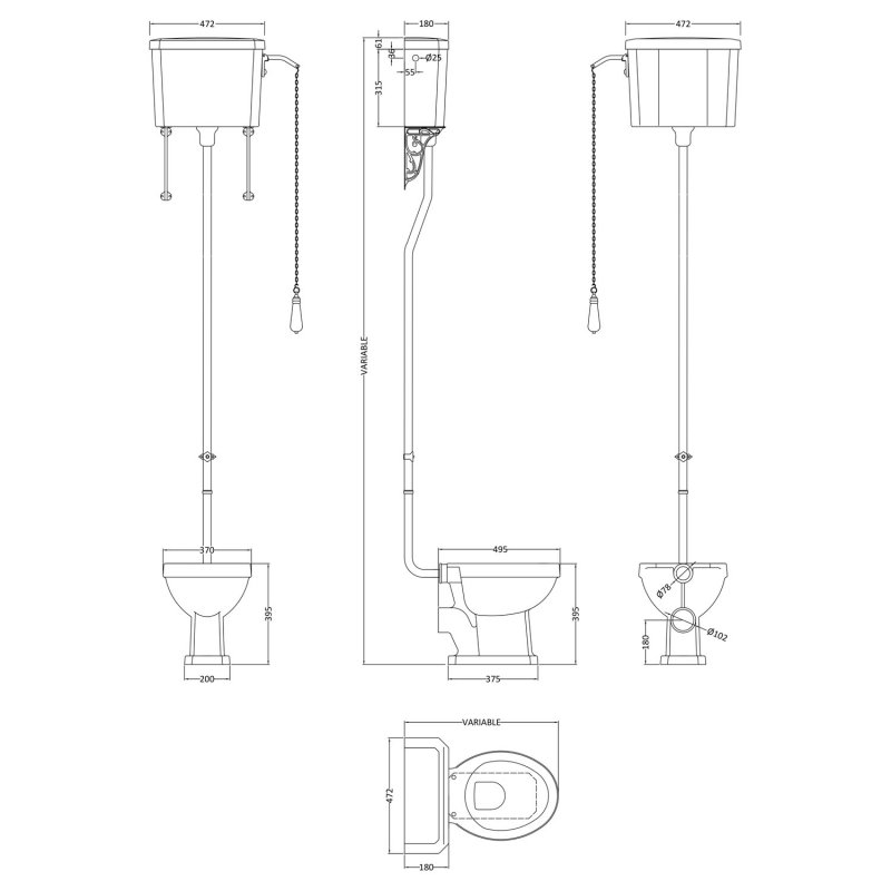 Nuie Carlton High Level Pan with Pull Chain Cistern and Flushpipe - Excluding Seat