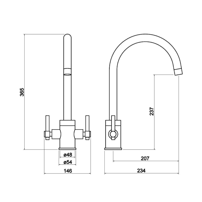 Nuie Charnel Kitchen Sink Mixer Tap Dual Lever Handle - Chrome  | Dimension Image
