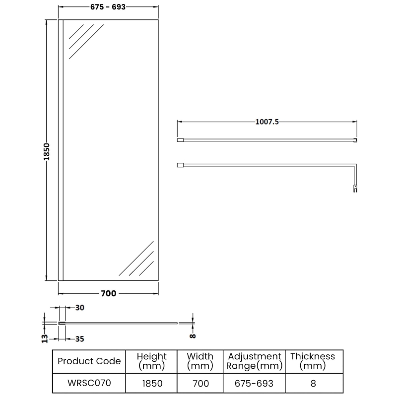 Nuie Wet Room Screen 1850mm High x 700mm Wide with Support Bar 8mm Glass - Chrome