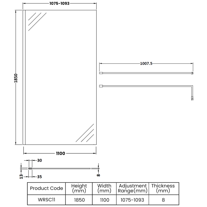 Nuie Wet Room Screen 1850mm High x 1100mm Wide with Support Bar 8mm Glass - Chrome