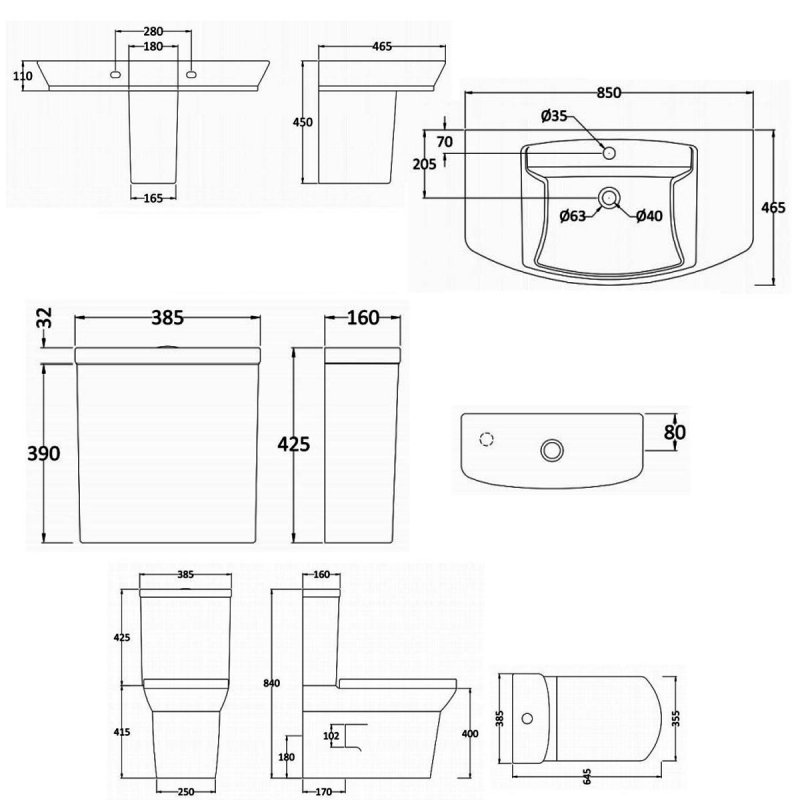 Nuie Clara Bathroom Suite Close Coupled Toilet and Basin 850mm - 1 Tap Hole
