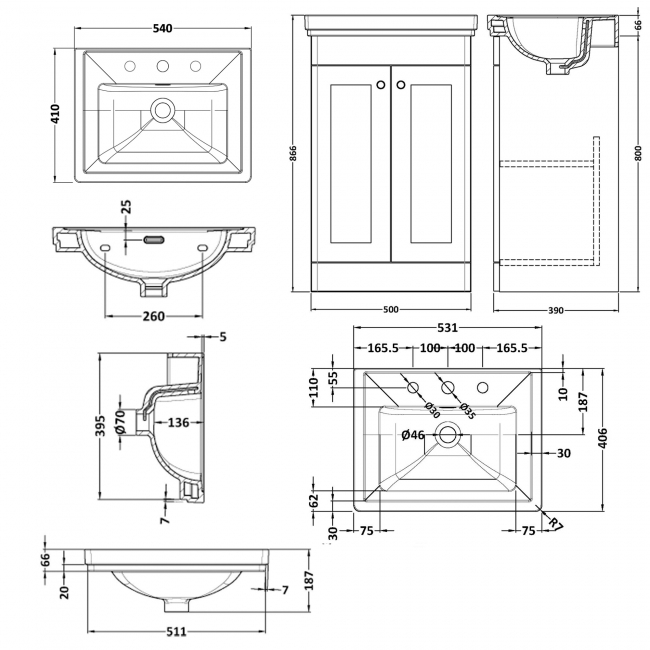 Nuie Classique Floor Standing 2-Door Vanity Unit with Basin 500mm Wide Satin Green - 3 Tap Hole