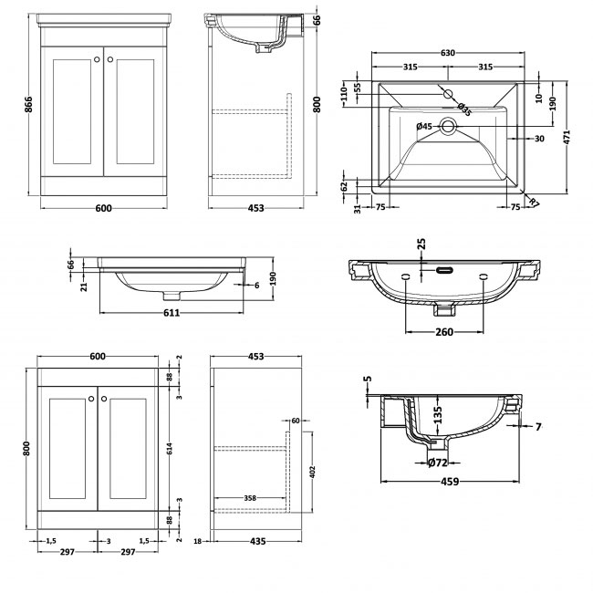 Nuie Classique Floor Standing 2-Door Vanity Unit with Basin 600mm Wide Satin Grey - 1 Tap Hole