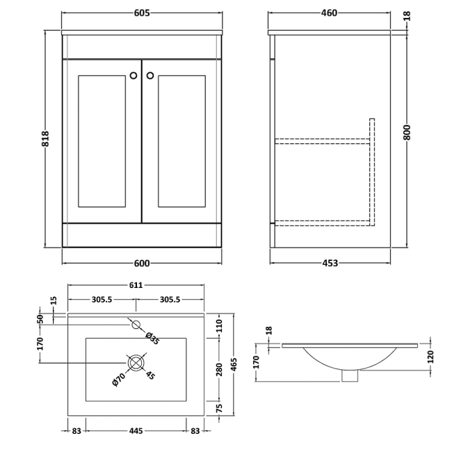 Nuie Classique Floor Standing 2-Door Vanity Unit with 1TH Minimalist Basin 600mm Wide - Satin White  | Dimension Image
