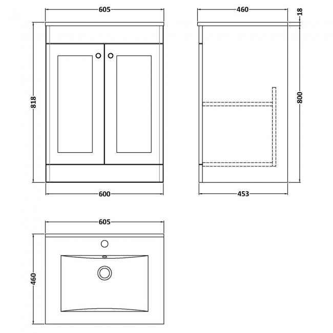 Nuie Classique Floor Standing 2-Door Vanity Unit with 1TH Minimalist Basin 600mm Wide - Satin White  | Dimension Image