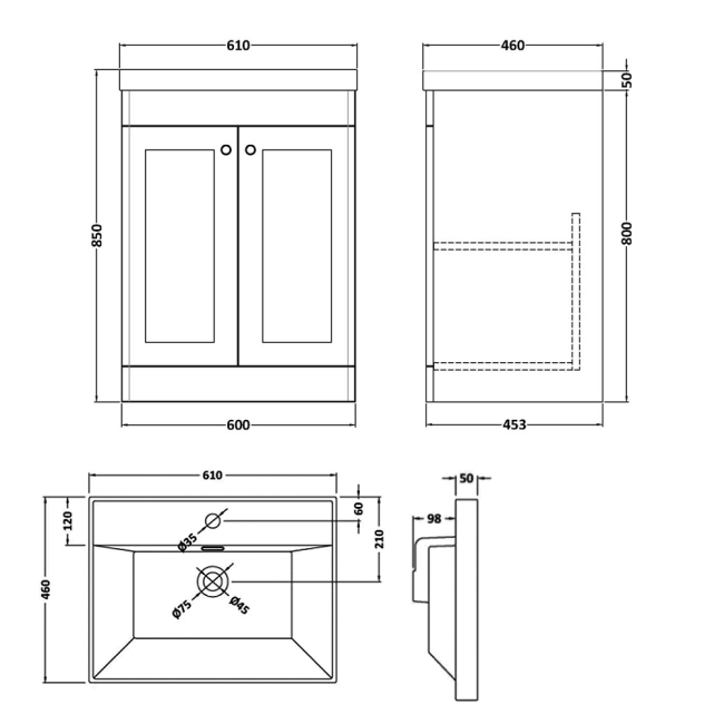 Nuie Classique Floor Standing 2-Door Vanity Unit with 1TH Thin-Edge Basin 600mm Wide - Satin White  | Dimension Image