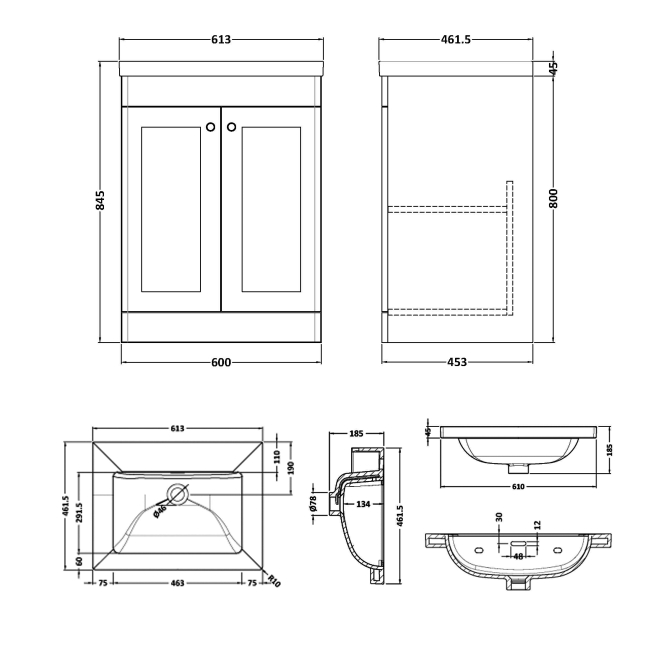 Nuie Classique Floor Standing 2-Door Vanity Unit with 0TH Contemporary Basin 600mm Wide - Satin Anthracite  | Dimension Image