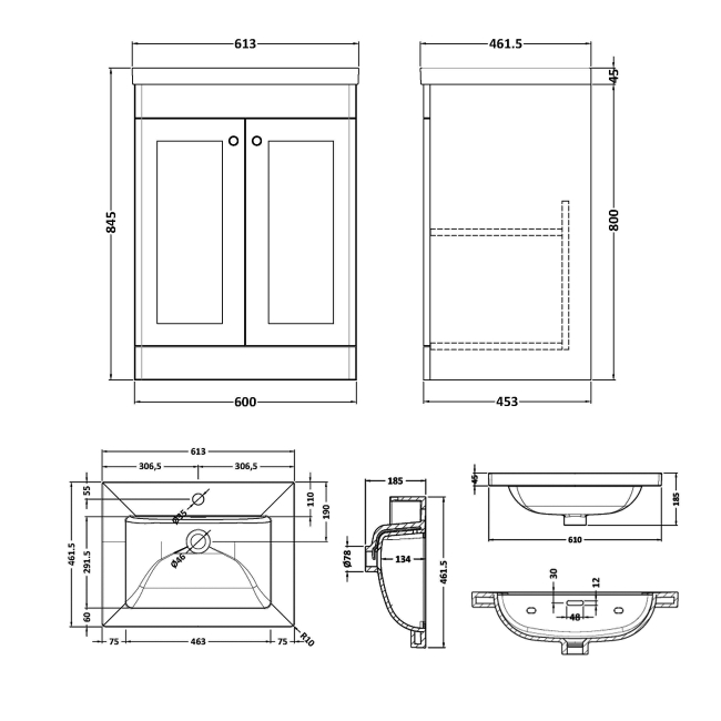 Nuie Classique Floor Standing 2-Door Vanity Unit with 1TH Contemporary Basin 600mm Wide - Satin Green  | Dimension Image