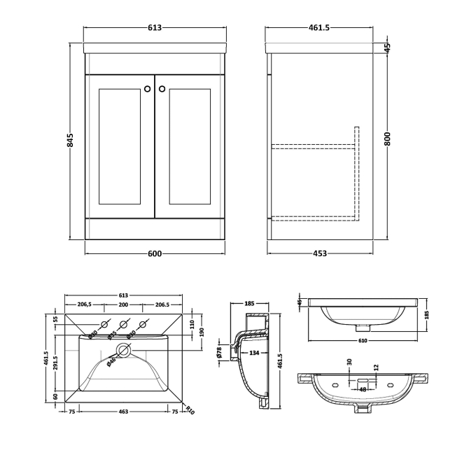 Nuie Classique Floor Standing 2-Door Vanity Unit with 3TH Contemporary Basin 600mm Wide - Satin Green  | Dimension Image