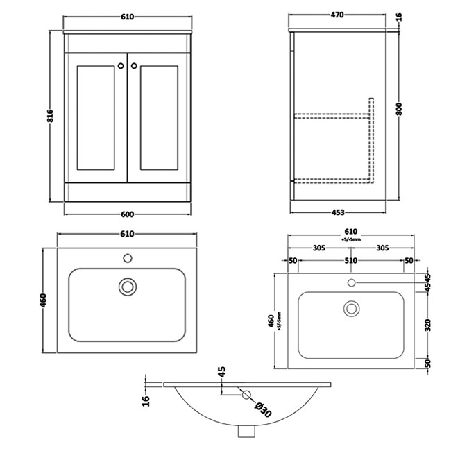 Nuie Classique Floor Standing 2-Door Vanity Unit with 1TH Stone Textured Basin 600mm Wide - Soft Black  | Dimension Image