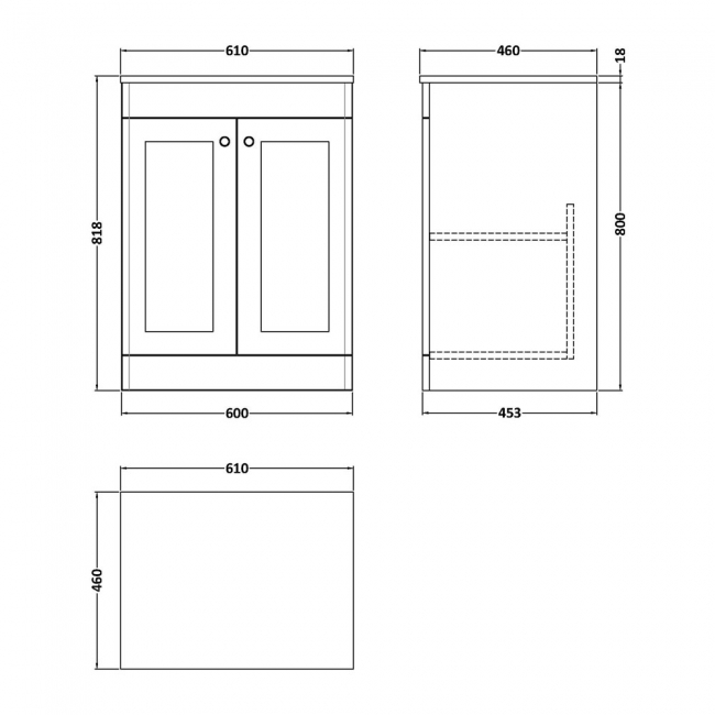 Nuie Classique Floor Standing 2-Door Vanity Unit with White Marble Worktop 600mm Wide - Satin White  | Dimension Image