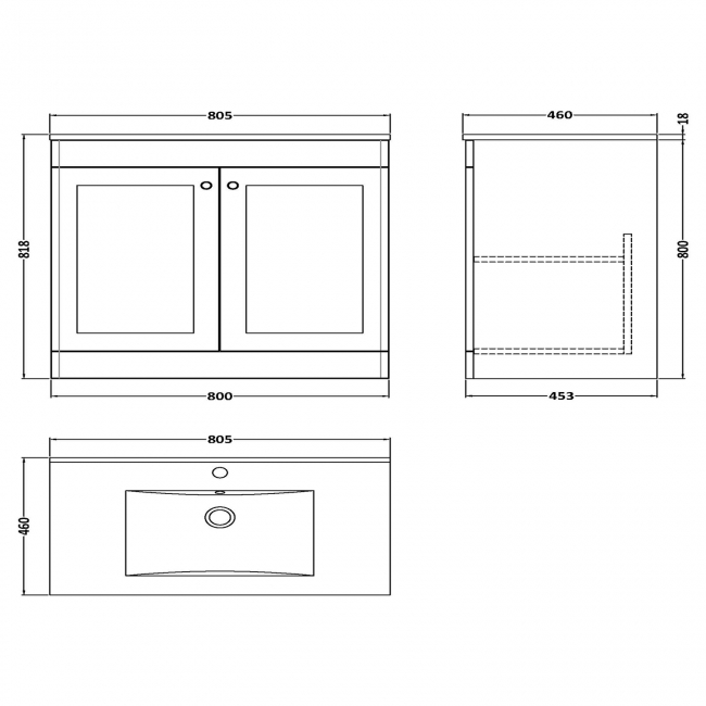 Nuie Classique Floor Standing 2-Door Vanity Unit with 1TH Minimalist Basin 800mm Wide - Satin White  | Dimension Image