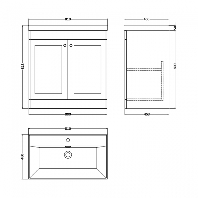 Nuie Classique Floor Standing 2-Door Vanity Unit with 1TH Thin-Edge Basin 800mm Wide - Satin White  | Dimension Image