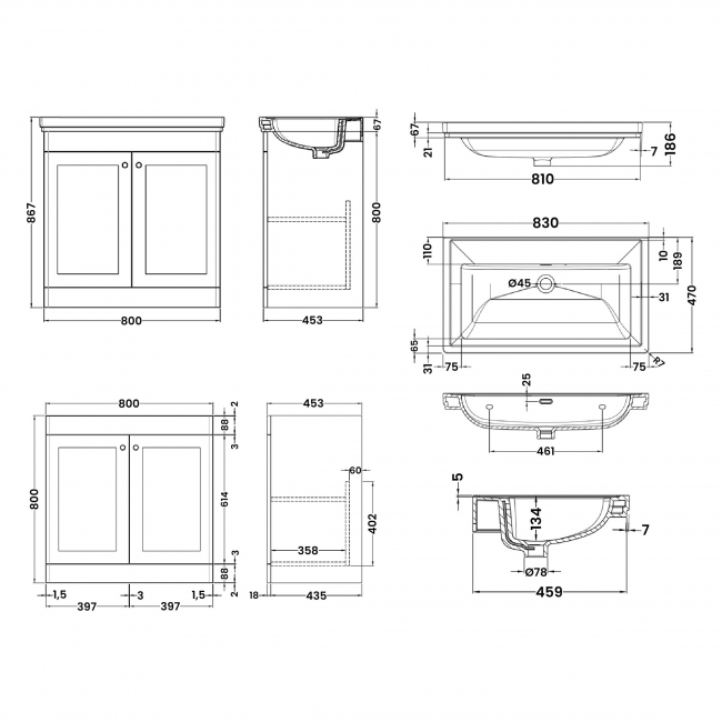 Nuie Classique Floor Standing 2-Door Vanity Unit with Classic Basin 800mm Wide Satin White - 0 Tap Hole